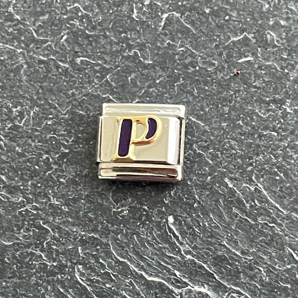 Zoppini Stainless Steel and Gold Blue Enameled letter P Initial